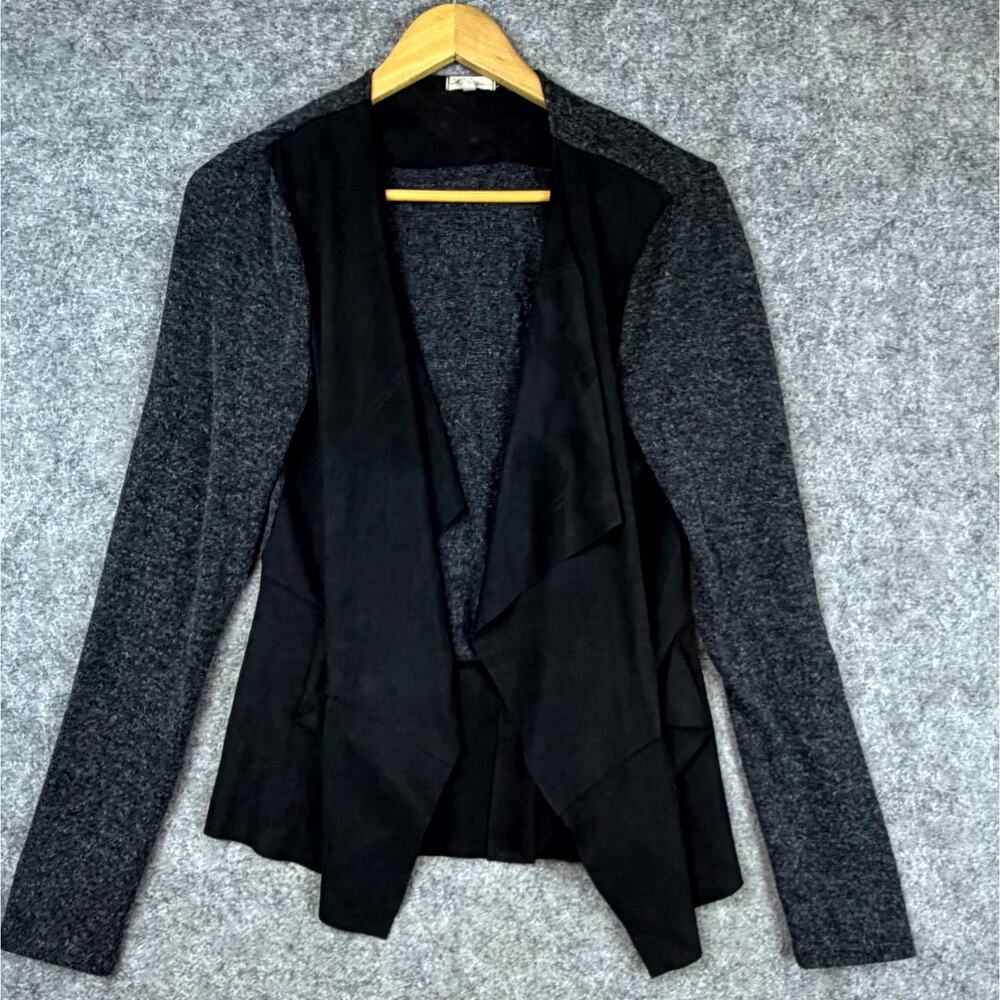 Mododoc Cardigan Sweater Womens Medium Black Gray‎ Stretch Open Front Moto